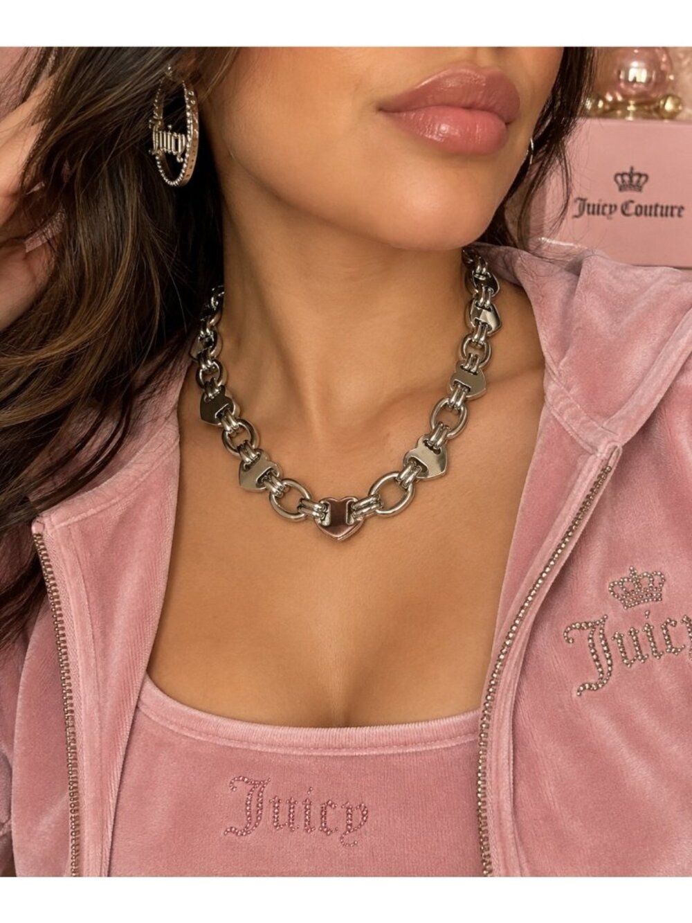 RARE Vintage Y2K Juicy Couture Chunky Heart Toggle Chain Necklace Silver Tone